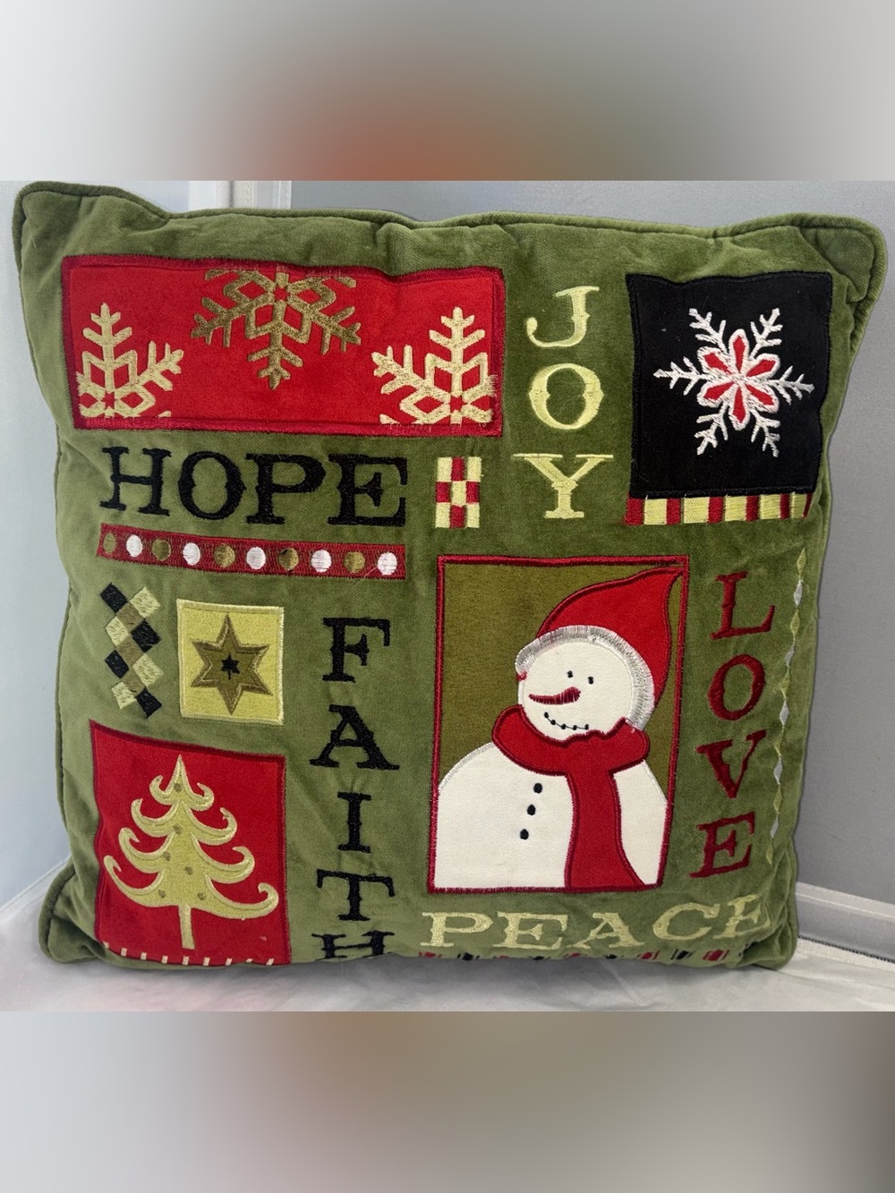 Vintage Velvet Holiday Snowman Decorative Throw Pillow - Green/Red 12”